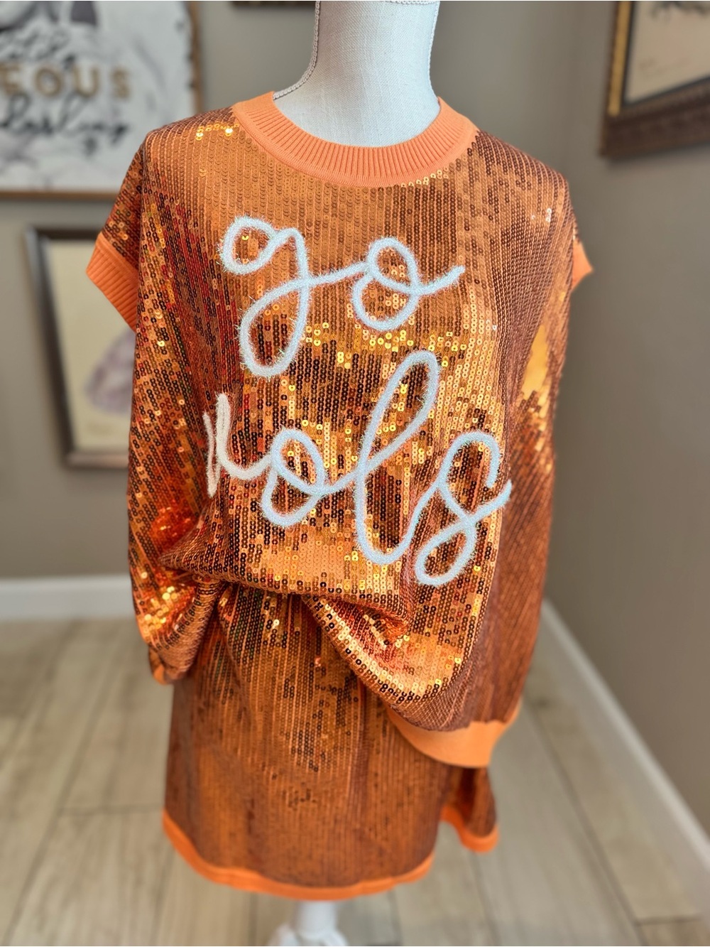 NWOT! QUEEN OF SPARKLES Orange Sequin Go Vols Two-Piece Skirt & Vest Set